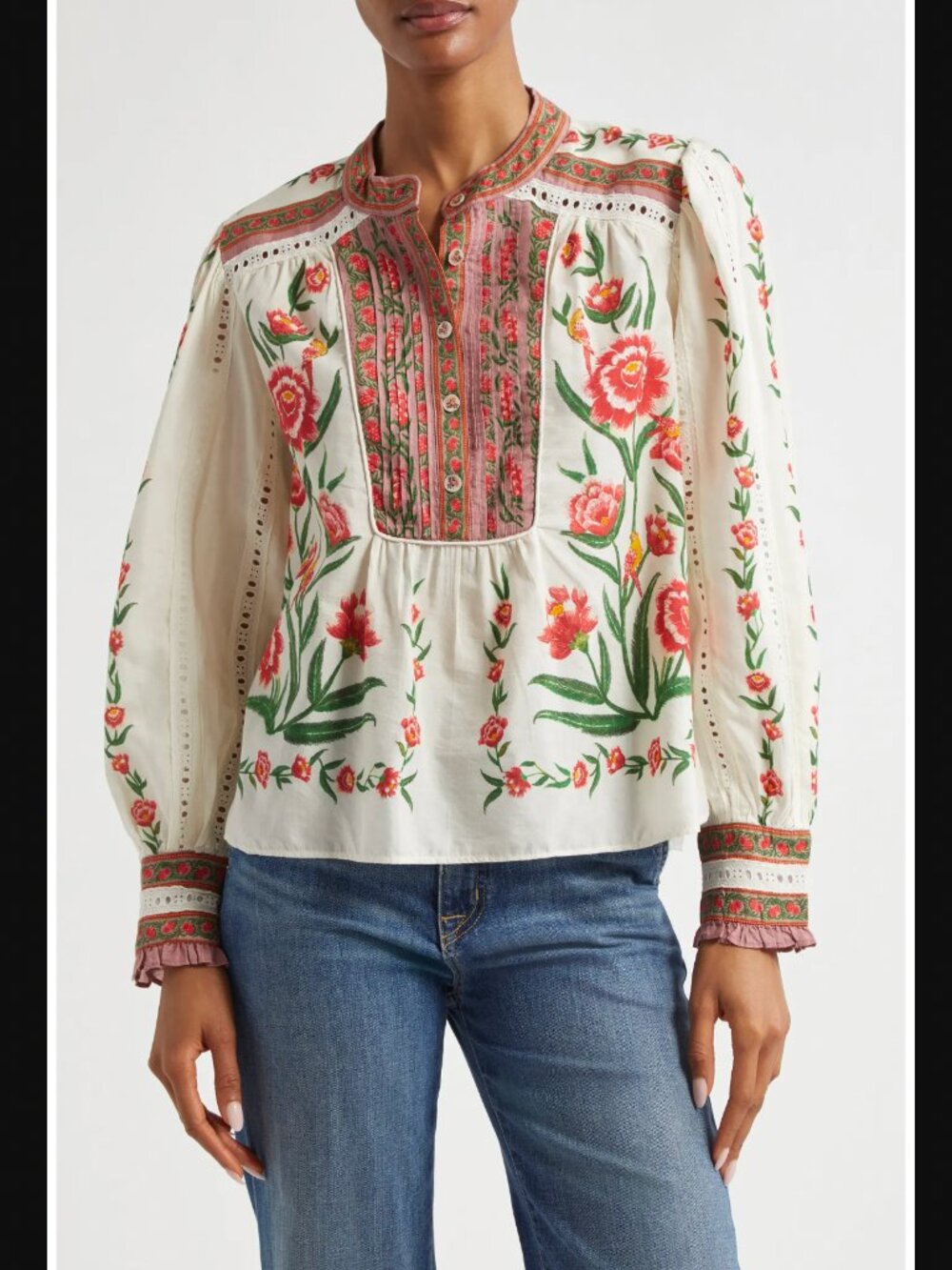 FARM Rio White Peasant Blouse with Pink and Green Floral Embroidery